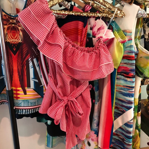 Large double ruffle off shoulder gingham top NWT L - Picture 5 of 5